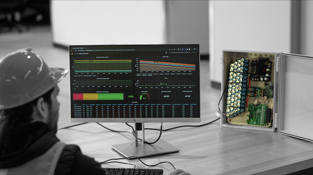 Foreground: user looking at BatteREuse dashboard. Background: Li-ion batteries with BMS attached.