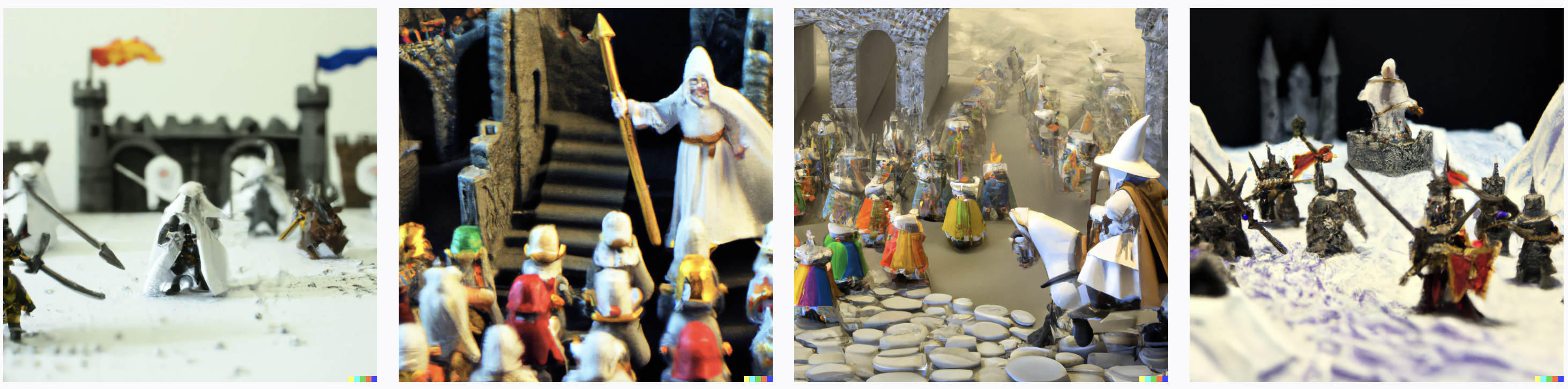 DALL·E A view of the battle of Helms Deep, with the white wizard dressed in Google clothes riding in to stop the army of diablo characters